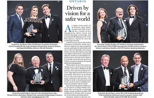 Article du Globe and Mail reconnaissant Graham et les autres lauréats du prix de l’Entrepreneur de l’année d’EY de 2015.